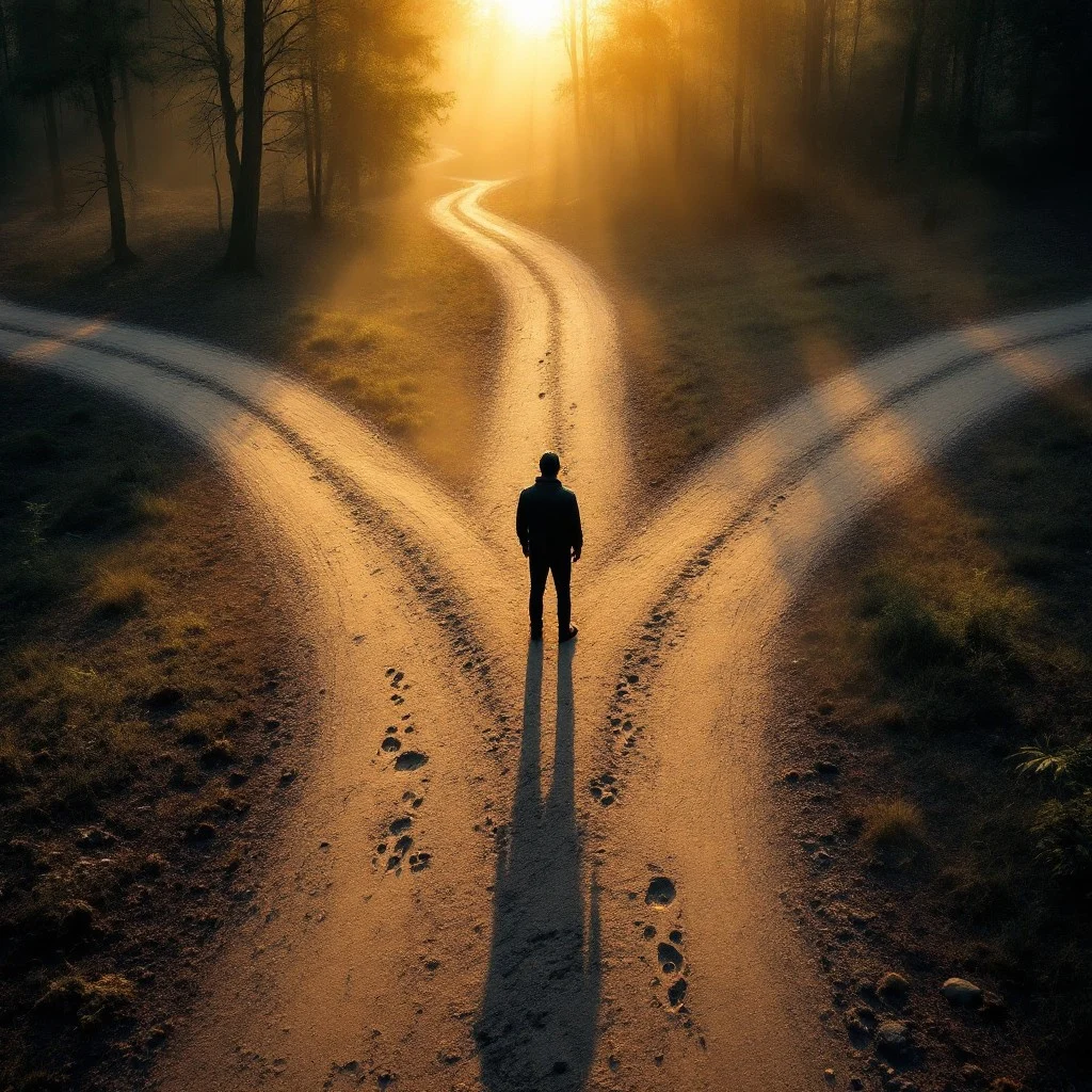  person standing at a crossroads choosing between paths