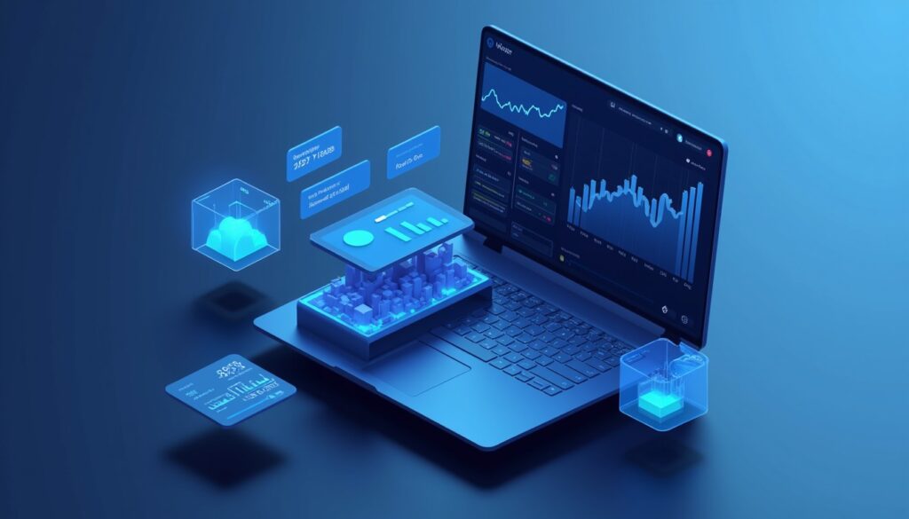 AI trading tools. Investor using a laptop with AI financial assistant